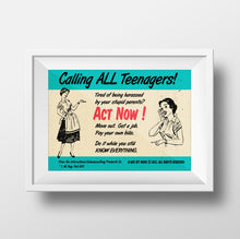 Load image into Gallery viewer, Wall Art, Vintage Greeting Card, Digital Print – Teenagers, Act Now!